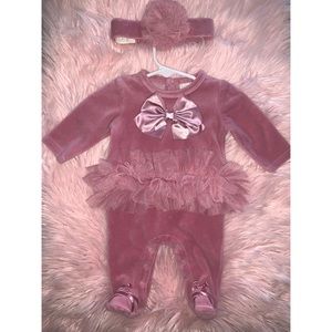 2pc Headband & Footed Tulle-Trim Coverall Set